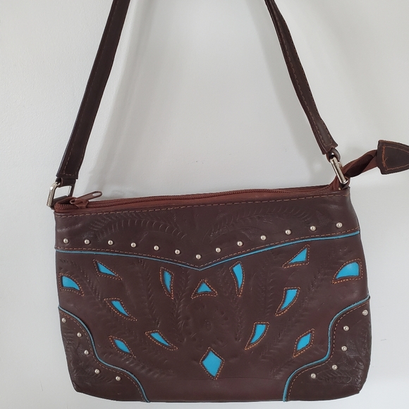BOHO Western Leather Handbag Floral Tooled Turquoise Cut Outs Pockets Cowgirl - Picture 7 of 15